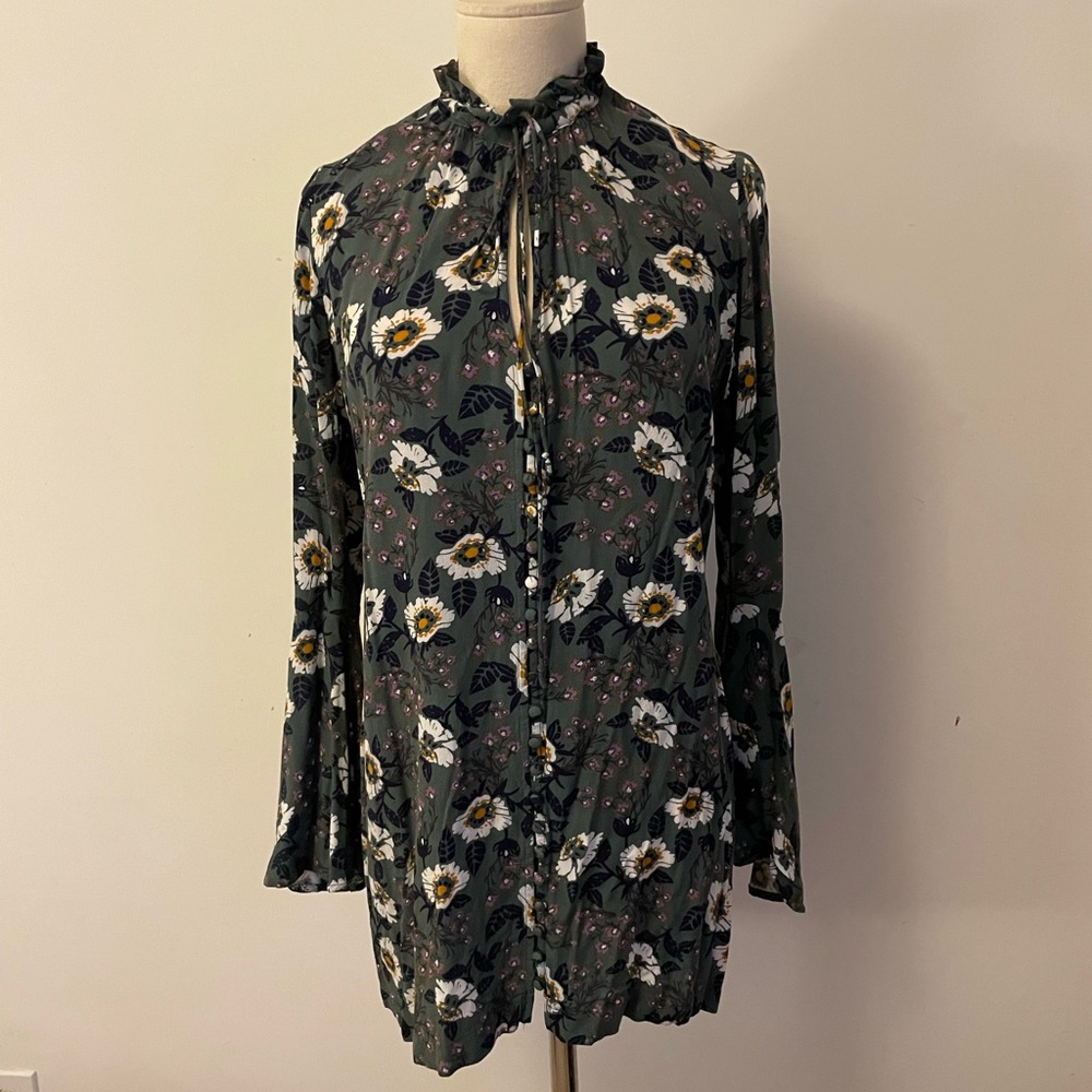 EUC FREE PEOPLE BOHO FLORAL  MINI FLARE LS DRESS TUNIC SZ XS